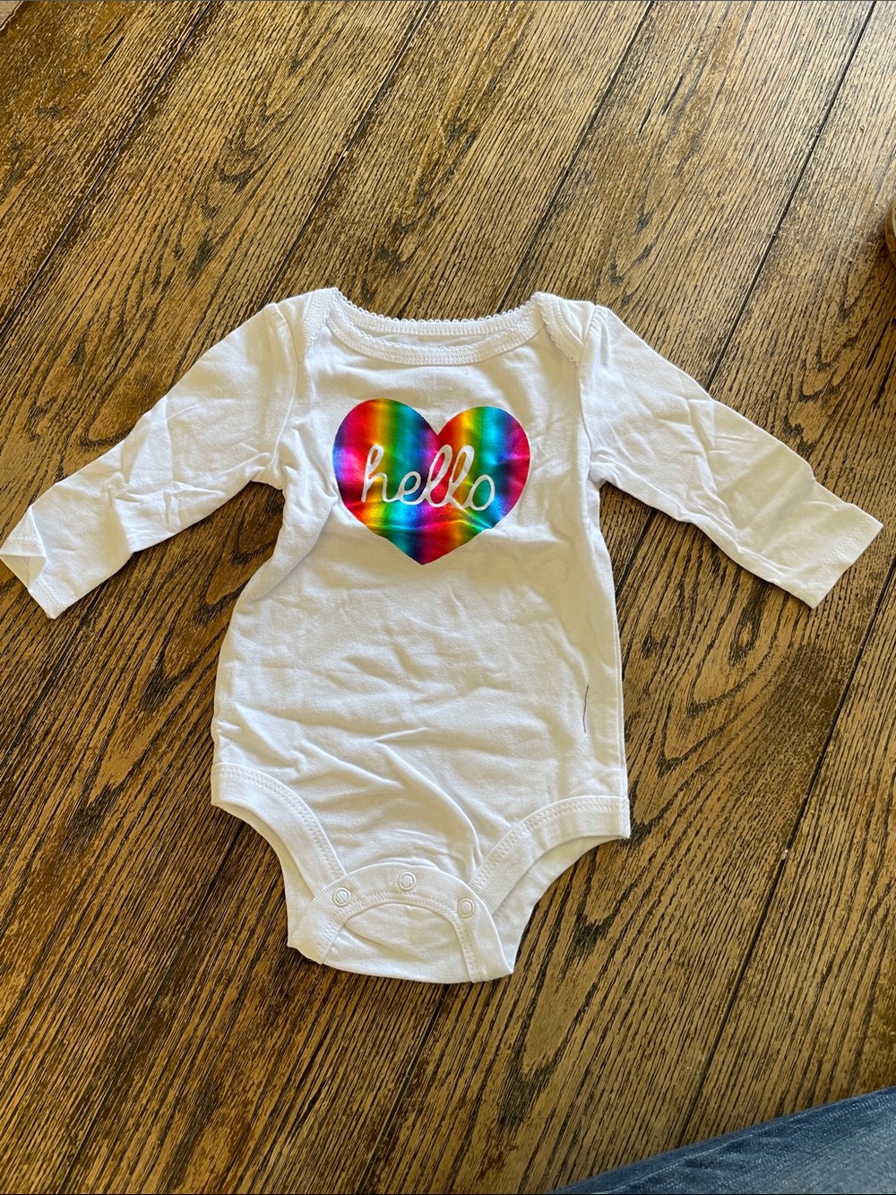 White Baby Onesie with Rainbow Heart "hello"